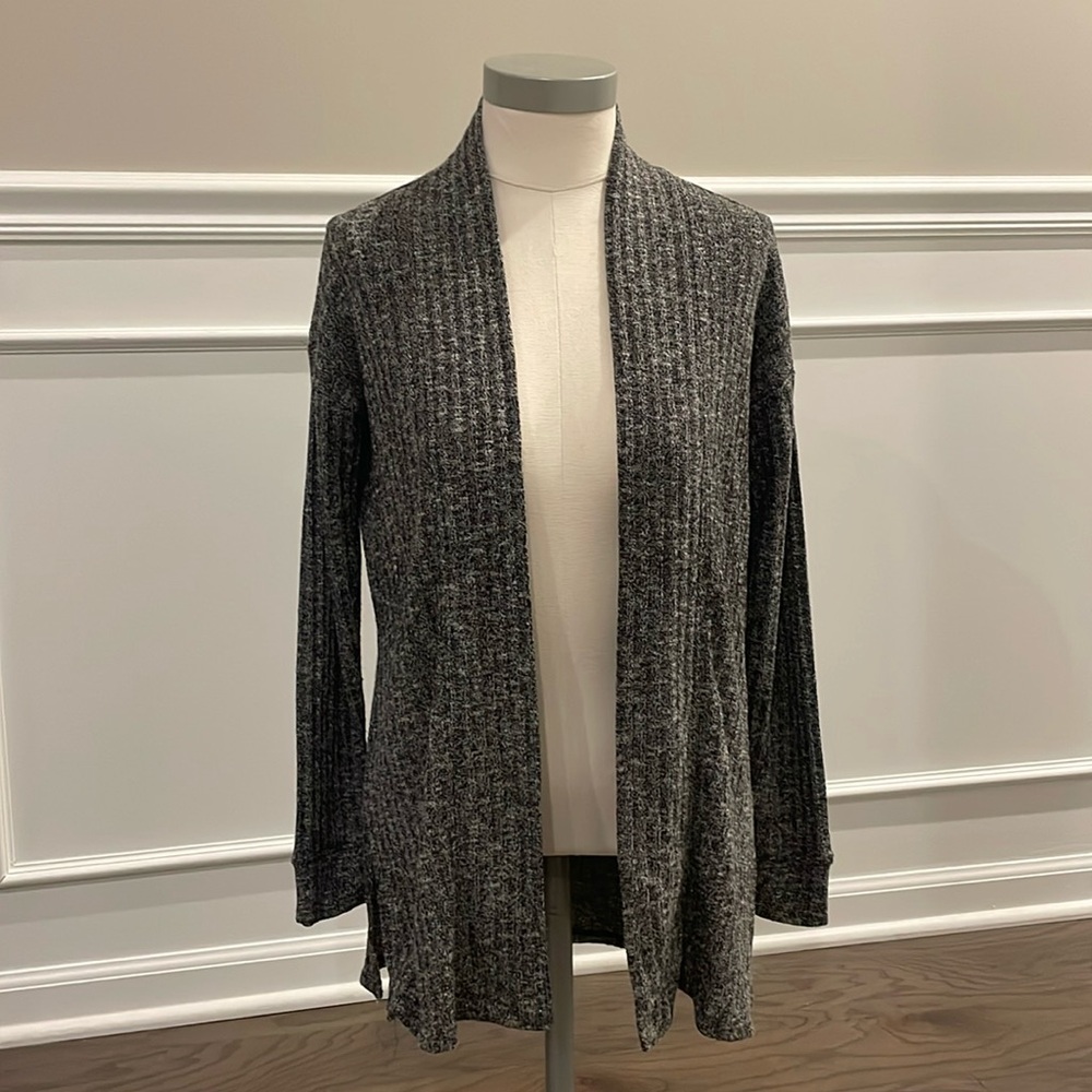 LOFT Petite Black and White Marled Open Ribbed Cardigan - Size SP